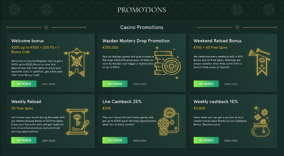 Casinia Casino Promotions and Offers on real website