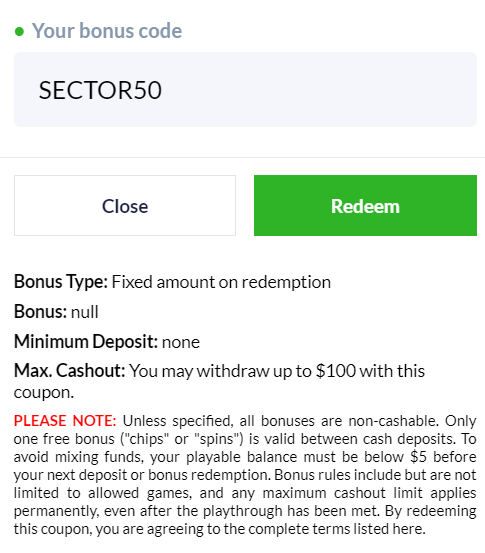 Sector 777 A$50 free chip