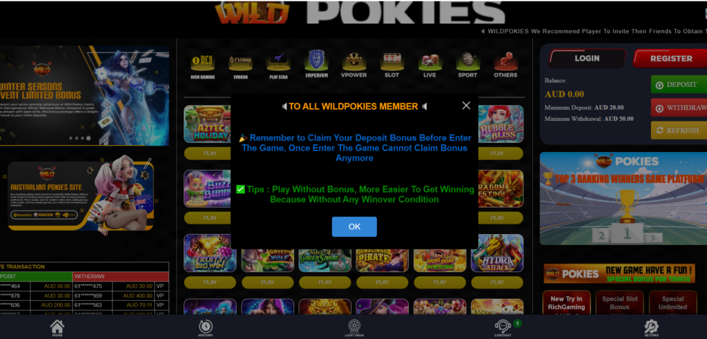 Wild Pokies interface