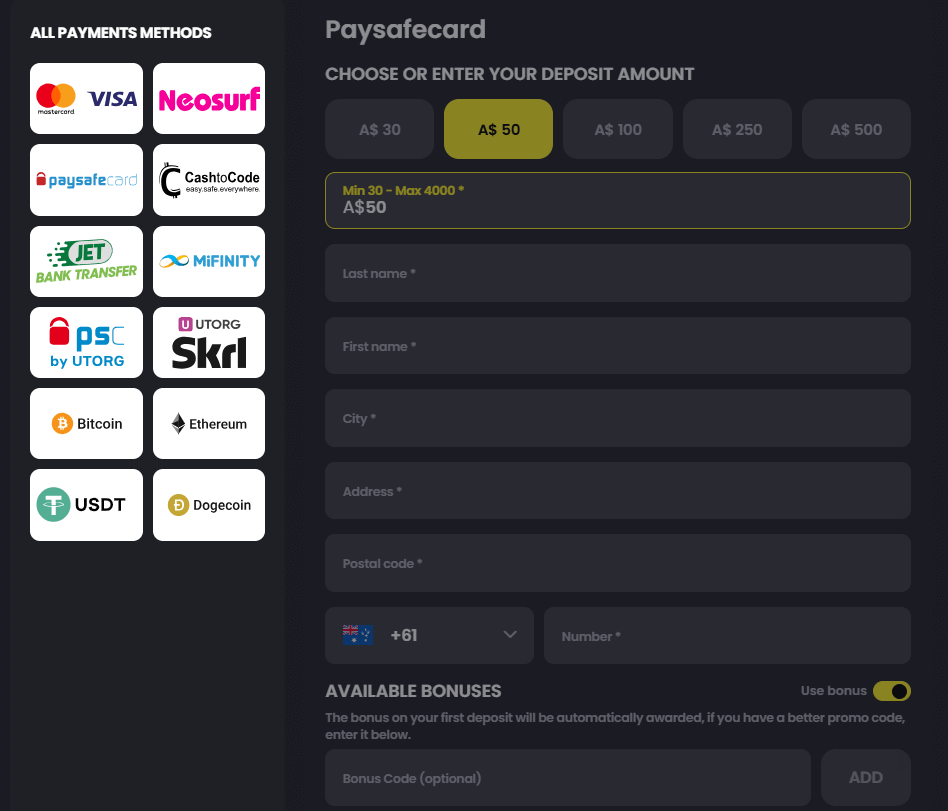 MoonWin Casino banking